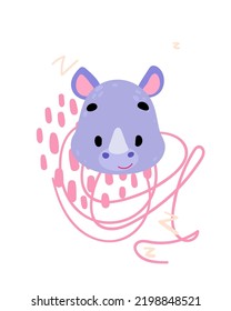 Cute cartoon rhinoceros. Print for baby posters, cards, clothes. Vector cartoon illustration. 