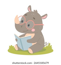 Cute cartoon rhinoceros reading a book. Funny smart wild animal character sitting with book cartoon vector illustration