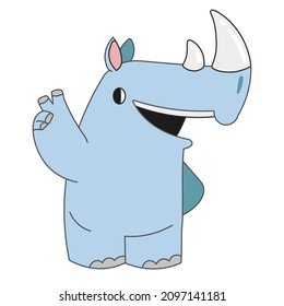 Cute cartoon rhinoceros standing and showing a victory sign. A funny blue rhino smiling and giving the peace sign. Vector clip art illustration in 2D. Hand-drawn simple style.