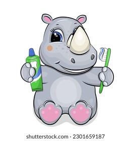 Cute cartoon rhinoceros with toothbrush and toothpaste. Vector illustration of an animal on a white background.