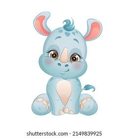 Cute Cartoon Rhinoceros, Vector Illustration.