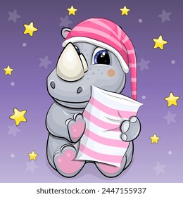Cute cartoon rhinoceros wearing a pink nightcap and holding a pillow. Night vector illustration of animal on a dark purple background with stars.