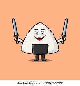 Cute cartoon Rice japanese sushi character holding two sword in flat modern design