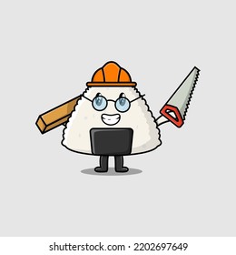 Cute cartoon Rice japanese sushi as carpenter character with saw and wood flat modern style design