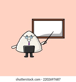 Cute cartoon Rice japanese sushi teacher character teaching with whiteboard in flat cartoon style