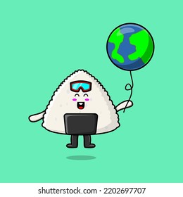Cute cartoon Rice japanese sushi floating with world balloon cartoon vector illustration