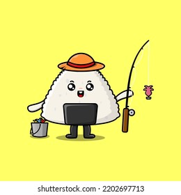 Cute cartoon Rice japanese sushi ready fishing wearing fishing equipment cartoon character