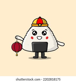 Cute cartoon rice japanese sushi chinese character holding lantern in vector icon illustration