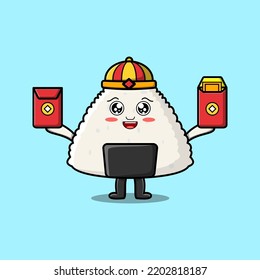 Cute cartoon rice japanese sushi chinese character holding red packets vector icon