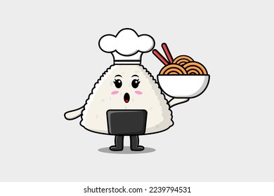 Dibujo lindo Rice japonés personaje de sushi chef sosteniendo fideos en tazón plano ilustración de caricatura