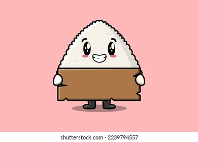 Cute cartoon Rice japanese sushi character holding blank wooden text board vector icon illustration