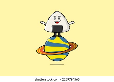 Cute cartoon Rice japanese sushi character standing in planet vector icon illustration