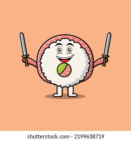 Cute cartoon Rice sushi rolls sashimi character holding two sword in flat modern design
