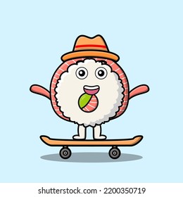 cute cartoon Rice sushi rolls sashimi standing on skateboard with cartoon vector illustration style