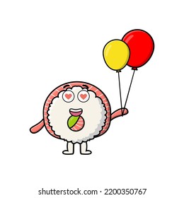 Cute cartoon Rice sushi rolls sashimi floating with balloon cartoon vector illustration
