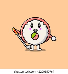 Cute cartoon Rice sushi rolls sashimi character playing golf in concept flat cartoon illustration