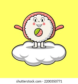 Cute cartoon Rice sushi rolls sashimi character standing in cloud vector illustration