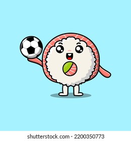 Cute cartoon Rice sushi rolls sashimi character playing football in flat cartoon style illustration