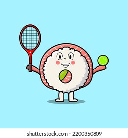 Cute cartoon Rice sushi rolls sashimi character playing tennis field in flat cartoon illustration
