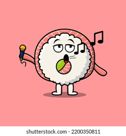 Cute cartoon Rice sushi rolls sashimi singer character holding mic in flat modern style design