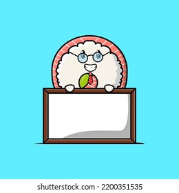 Cute cartoon Rice sushi rolls sashimi teacher character with big whiteboard in flat cartoon style