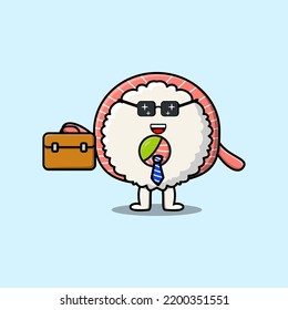 Cute cartoon Rice sushi rolls sashimi businessman character holding suitcase illustration