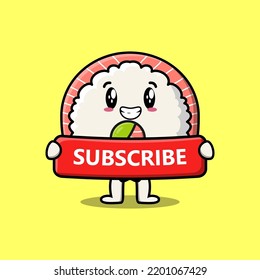 Cute cartoon rice sushi rolls sashimi character holding red subscribe board