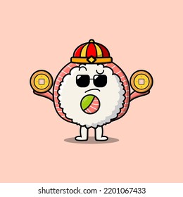 Cute cartoon rice sushi rolls sashimi chinese character holding coin in vector icon illustration