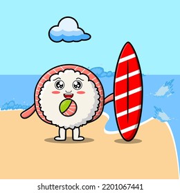 Cute cartoon rice sushi rolls sashimi character playing surfing with surfing board