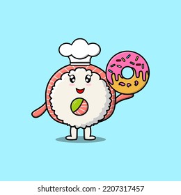 Cute cartoon Rice sushi rolls sashimi chef character donuts in flat cartoon style illustration