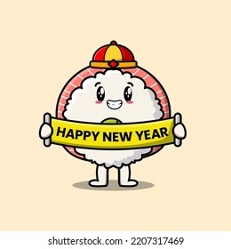 Cute cartoon Rice sushi rolls sashimi chinese character holding happy new year board illustration