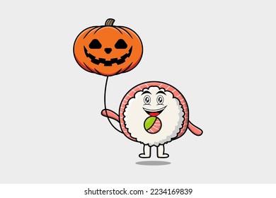 Cute cartoon Rice sushi rolls sashimi floating with pumpkin halloween balloon in flat cartoon icon illustratin