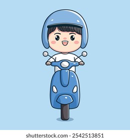 cute cartoon riding a motorbike and wearing a helmet