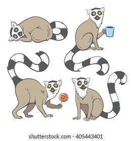 Cute cartoon ring tailed lemurs set. Funny four Madagascar cats. Vector image. Children's illustration.