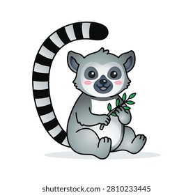 Cute cartoon ring-tailed lemur character sitting down and holding a green leafy twig with a long black and white striped tail vector illustration isolated on white background.