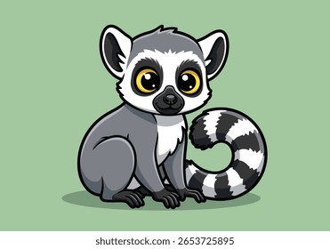 Cute Cartoon Ring-tailed Lemur Sitting - Adorable Primate Illustration with Big Eyes and Striped Tail for Kids' Wildlife Designs. Vector Illustration
