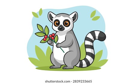 Cute cartoon ring-tailed lemur sitting on green grass while holding a branch with red berries on a blue background.