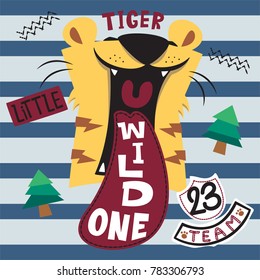 Cute cartoon roaring tiger head in a forest on striped background illustration vector.
