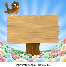 A cute cartoon robin bird sitting on a wood sign in a field of pretty flowers