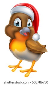 A cute cartoon robin bird wearing a Christmas Santa Claus hat