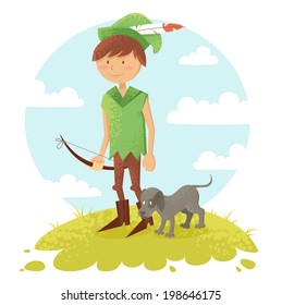 Cute cartoon robin hood boy character with bow and dog wearing a hat with feather