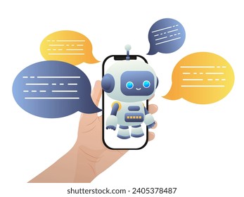 Robot de dibujos animados. Generador de contenido de IA. Tecnología de bots de charla. La gente usa chatbot. Vector