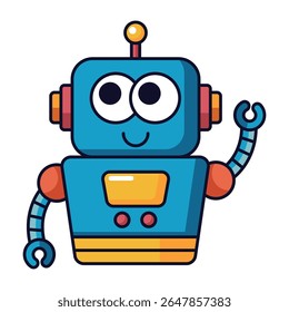 Cute cartoon robot with blue body and big eyes waving hand isolated on white background