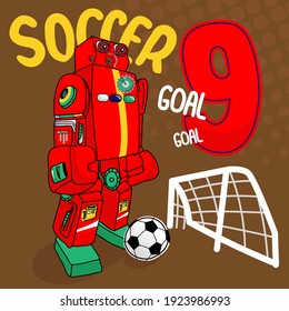 Cute cartoon robot boy play a soccer ball on pop art Brown  background modern sports posters Sports numbers   design illustration.