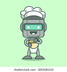 cute cartoon robot character become chef. vector illustration for mascot logo or sticker