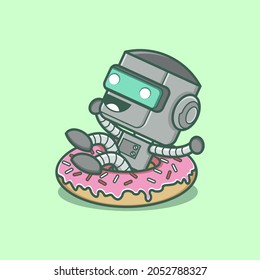 cute cartoon robot character with big donut. vector illustration for mascot logo or sticker