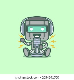 cute cartoon robot character doing radio broadcast or podcast. vector illustration for mascot logo or sticker