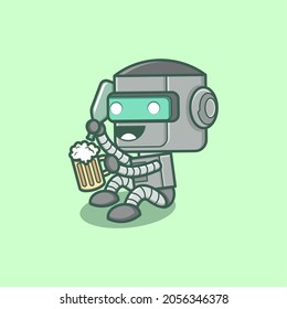 cute cartoon robot character enjoying beer .vector illustration for mascot logo or sticker