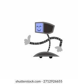Carácter lindo del robot de la historieta con las extremidades flexibles, una cara sonriente, y una base con ruedas, ilustrada en un estilo juguetón del Vector.
