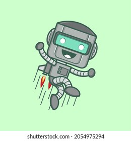 cute cartoon robot character gliding flying on rocket power vector illustration for mascot logo or sticker